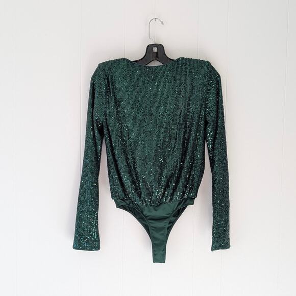 NWT Camila Coelho CeCe Shiny Green Sequin Bodysuit Top, size S - Picture 2 of 6